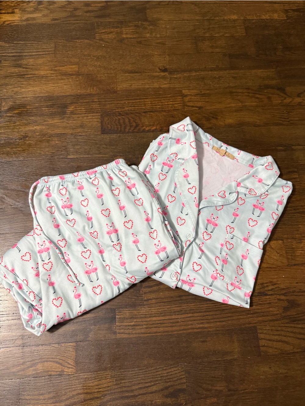 Women PJs Pink & Blue Flamingo Christmas Button Up Pajama Set